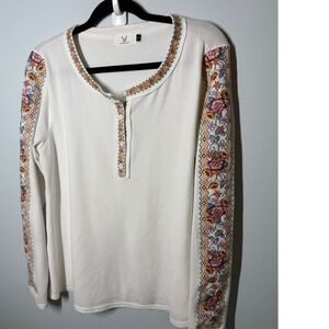 Homebody‎ Womens Embroidered Henley Top Long Sleeve Cream Floral Boho Knit Large